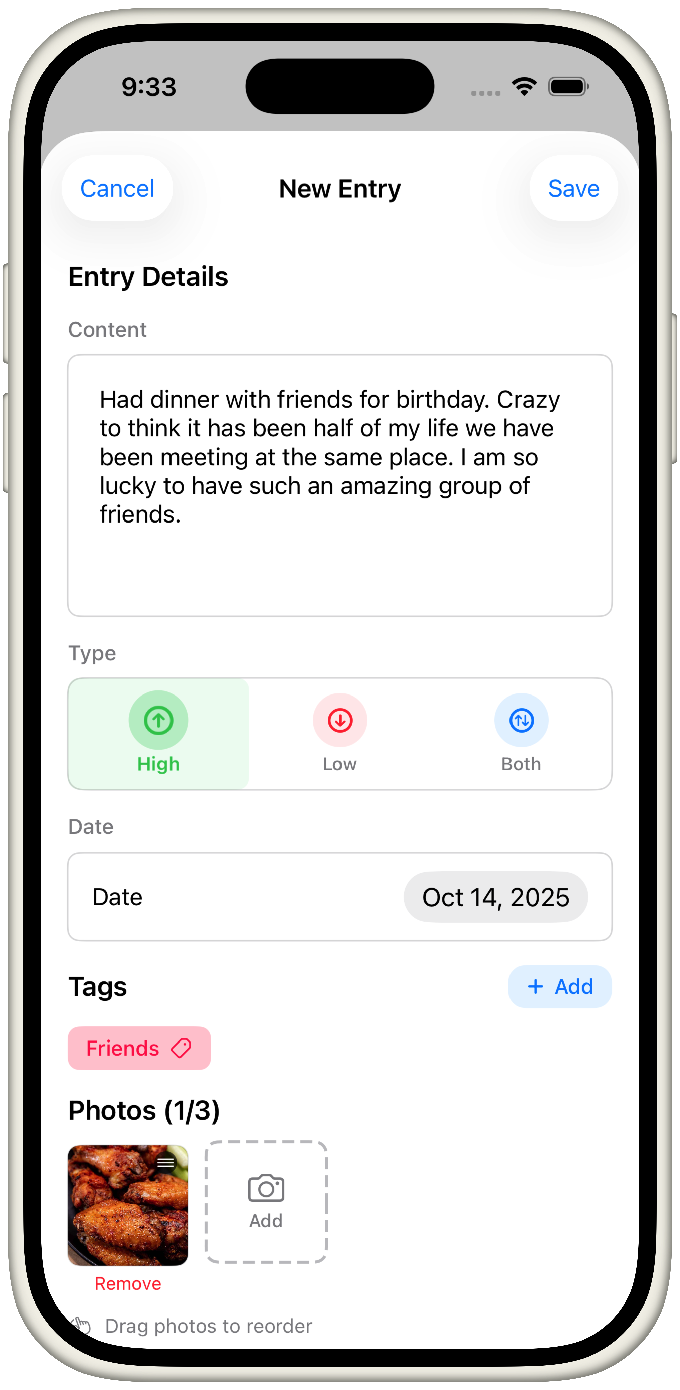 Tides entry form with photos and tags